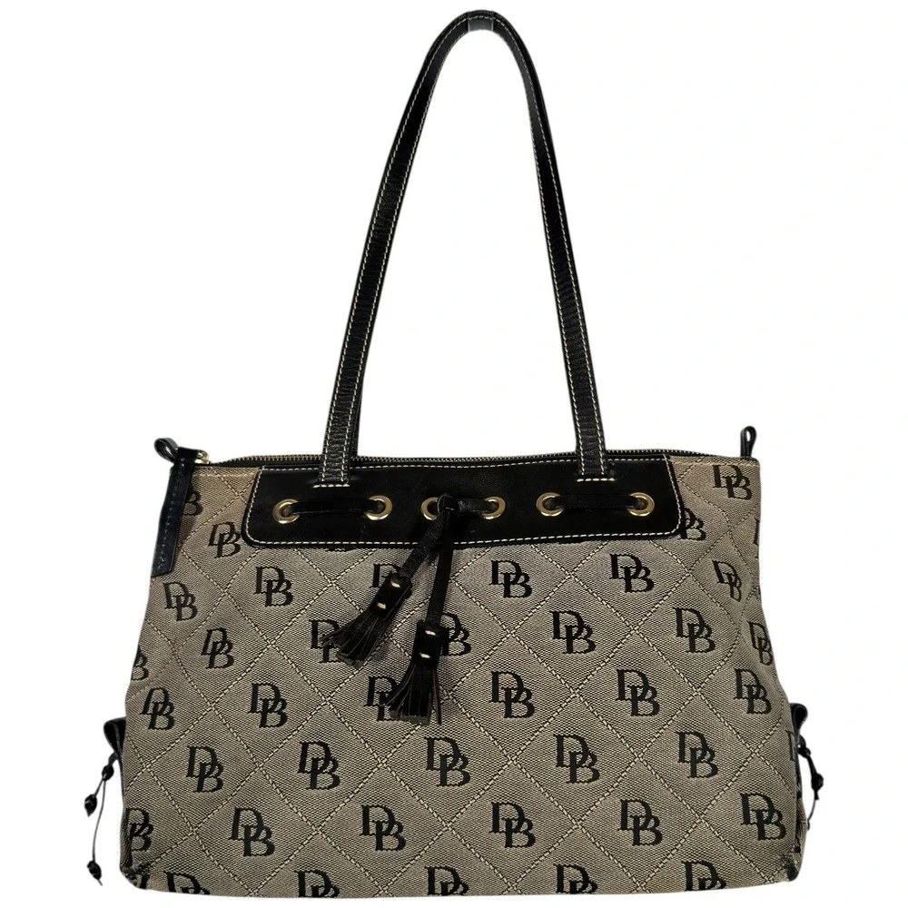 Dooney Bourke DB Signature Canvas Shoulder Tote Bag Black Leather Trim